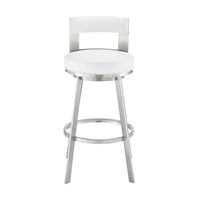 Ami 26 Inch Swivel Counter Stool Chair, White Faux Leather, Stainless Steel - BM313669