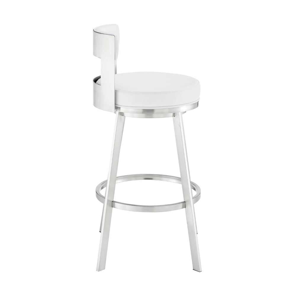 Ami 26 Inch Swivel Counter Stool Chair, White Faux Leather, Stainless Steel - BM313669