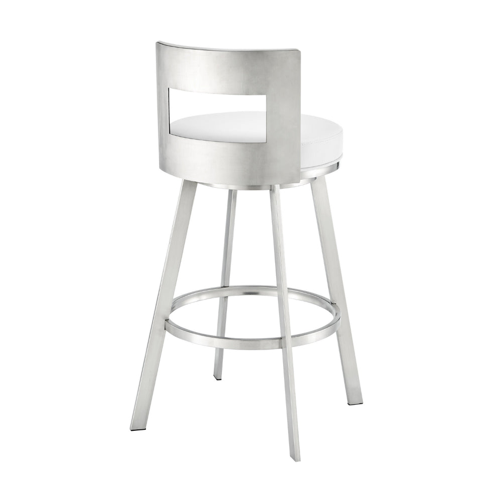 Ami 26 Inch Swivel Counter Stool Chair, White Faux Leather, Stainless Steel - BM313669