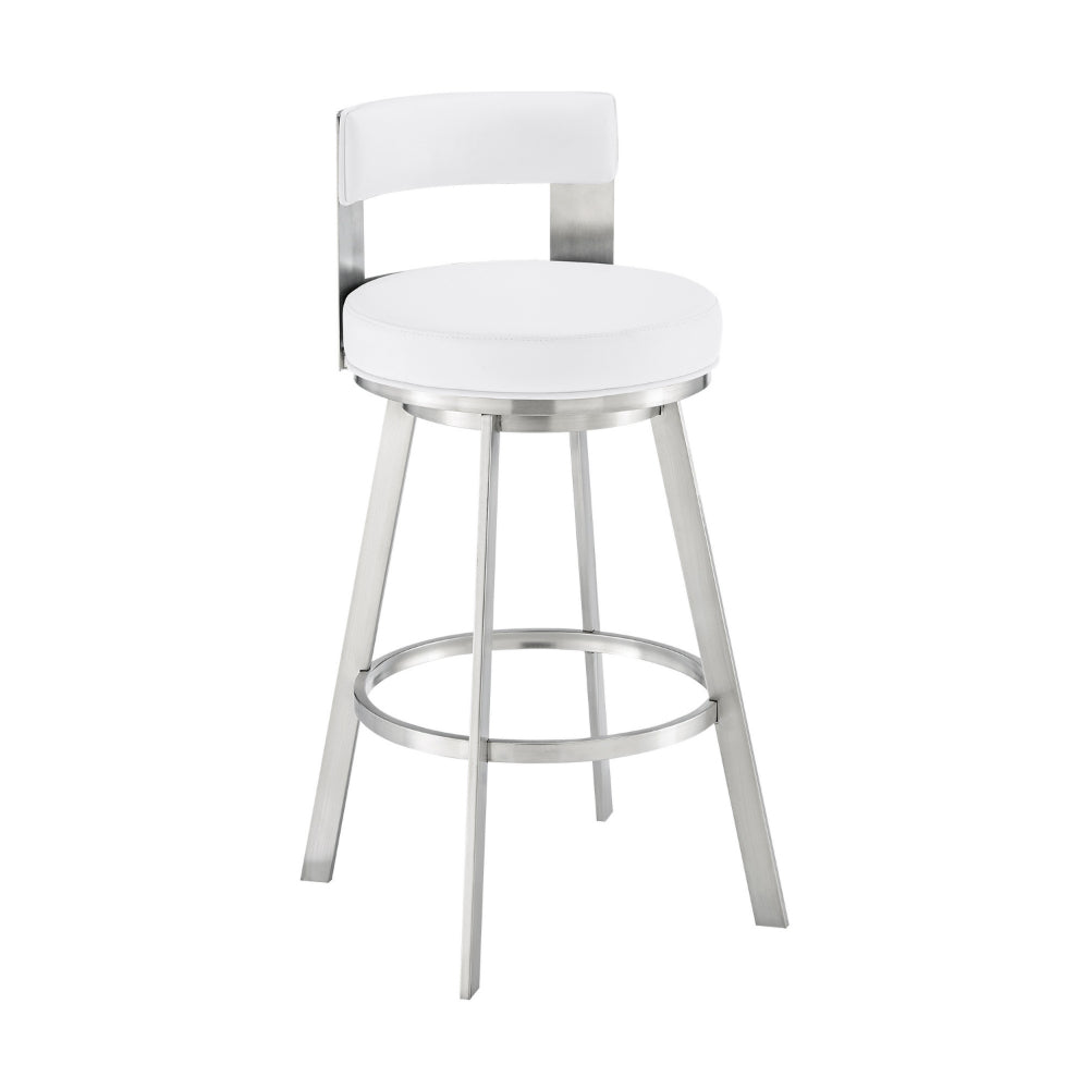 Ami 26 Inch Swivel Counter Stool Chair, White Faux Leather, Stainless Steel - BM313669