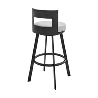 Ami 30 Inch Swivel Barstool Chair, Gray Faux Leather, Black Iron Frame - BM313670