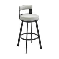 Ami 30 Inch Swivel Barstool Chair, Gray Faux Leather, Black Iron Frame - BM313670