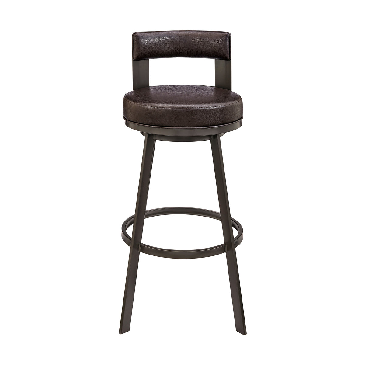 Ami 30 Inch Swivel Barstool Chair, Curved Open Back Brown Faux Leather - BM313671