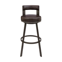 Ami 30 Inch Swivel Barstool Chair, Curved Open Back Brown Faux Leather - BM313671