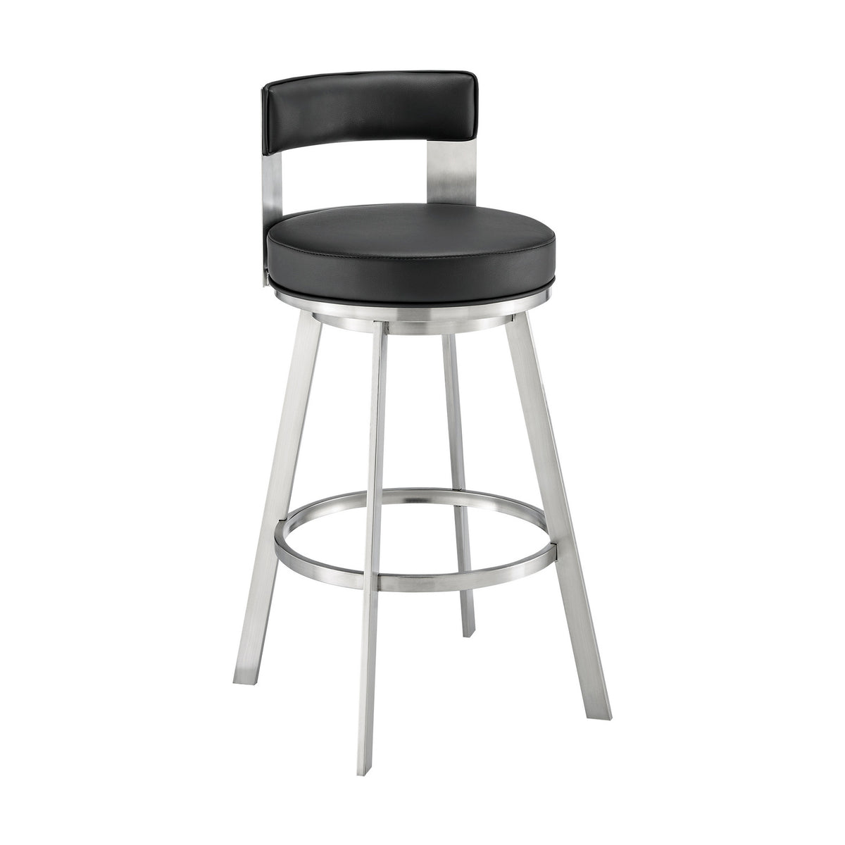 Ami 30 Inch Swivel Barstool Chair, Black Faux Leather, Stainless Steel - BM313672