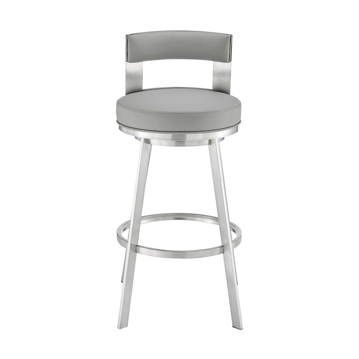 Ami 30 Inch Swivel Barstool Chair, Light Gray Faux Leather, Steel - BM313673