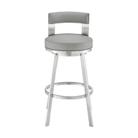 Ami 30 Inch Swivel Barstool Chair, Light Gray Faux Leather, Steel - BM313673