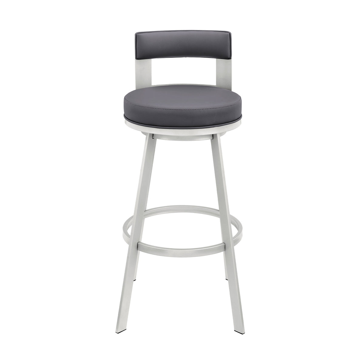 Ami 30 Inch Swivel Barstool Chair, Gray Faux Leather Open Back, Silver Base - BM313674