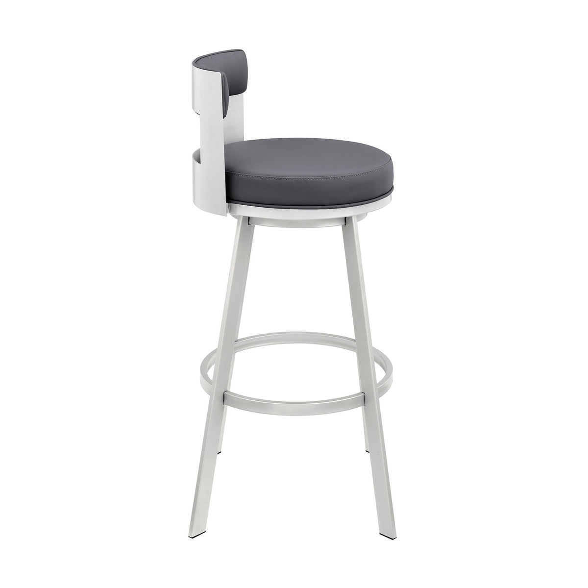 Ami 30 Inch Swivel Barstool Chair, Gray Faux Leather Open Back, Silver Base - BM313674