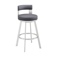 Ami 30 Inch Swivel Barstool Chair, Gray Faux Leather Open Back, Silver Base - BM313674