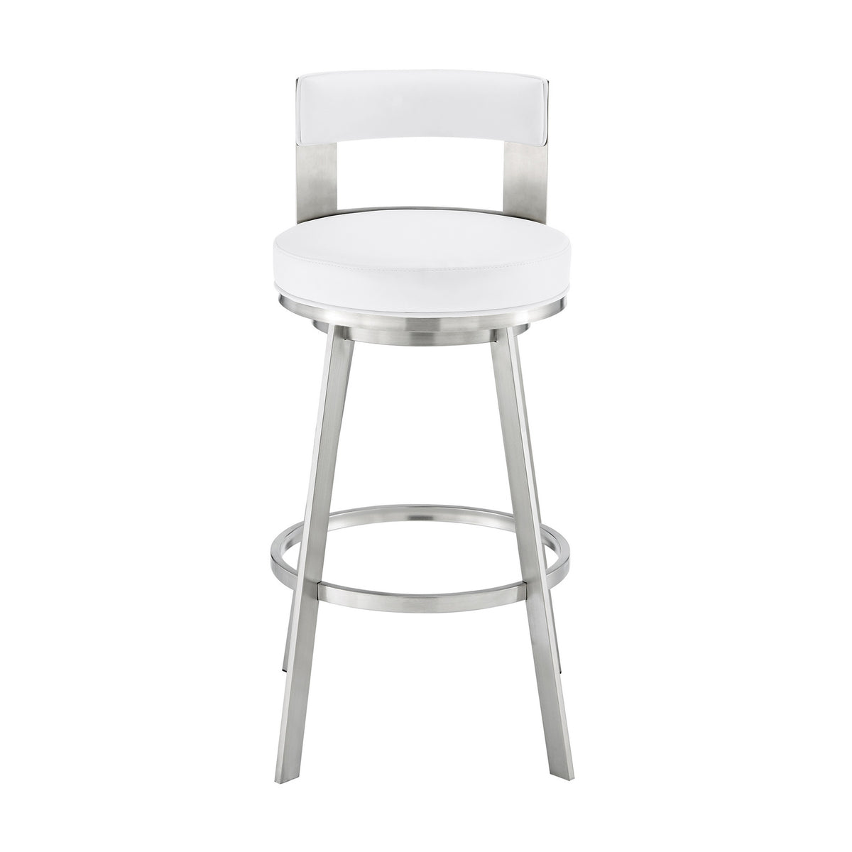 Ami 30 Inch Swivel Barstool Chair, White Faux Leather, Stainless Steel - BM313675