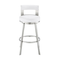 Ami 30 Inch Swivel Barstool Chair, White Faux Leather, Stainless Steel - BM313675