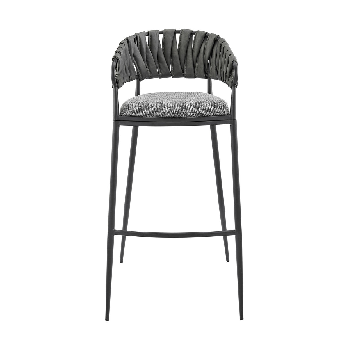 Mimy 30 Inch Barstool Chair, Gray Faux Leather Strap Back, Black Iron - BM313676