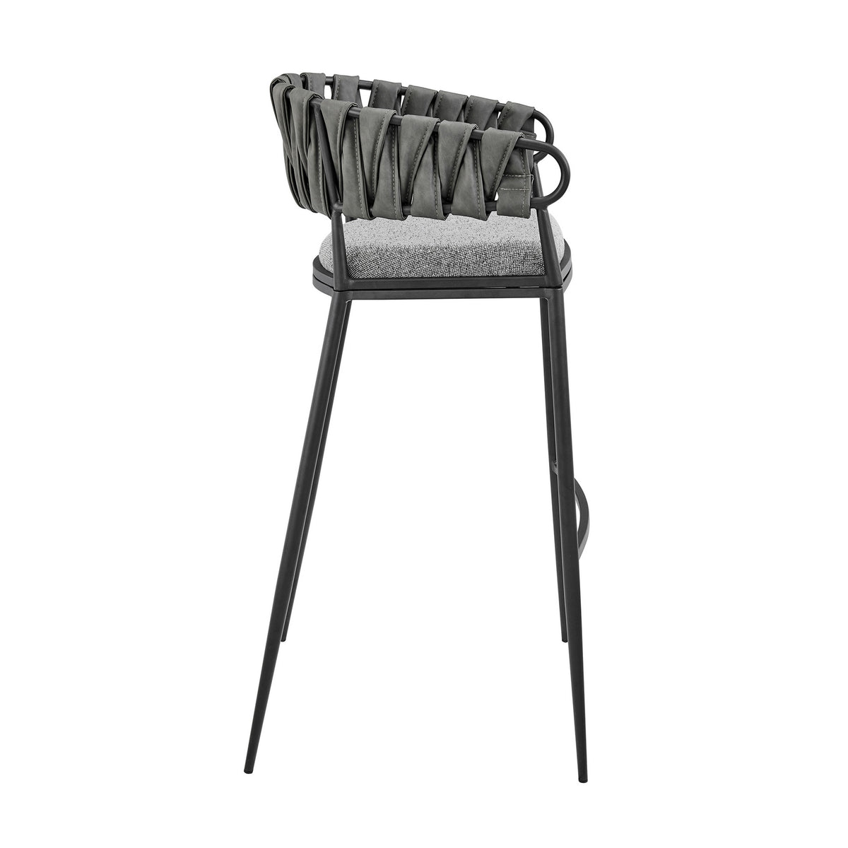 Mimy 30 Inch Barstool Chair, Gray Faux Leather Strap Back, Black Iron - BM313676