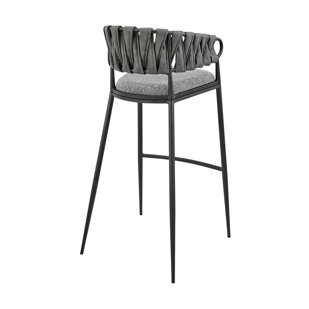 Mimy 30 Inch Barstool Chair, Gray Faux Leather Strap Back, Black Iron - BM313676