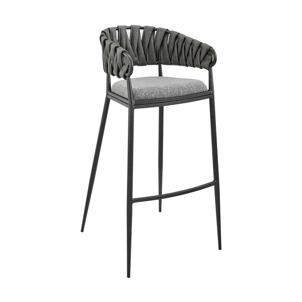 Mimy 30 Inch Barstool Chair, Gray Faux Leather Strap Back, Black Iron - BM313676