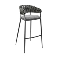 Mimy 26 Inch Counter Stool Chair, Gray Faux Leather Strap Back, Black Iron - BM313677