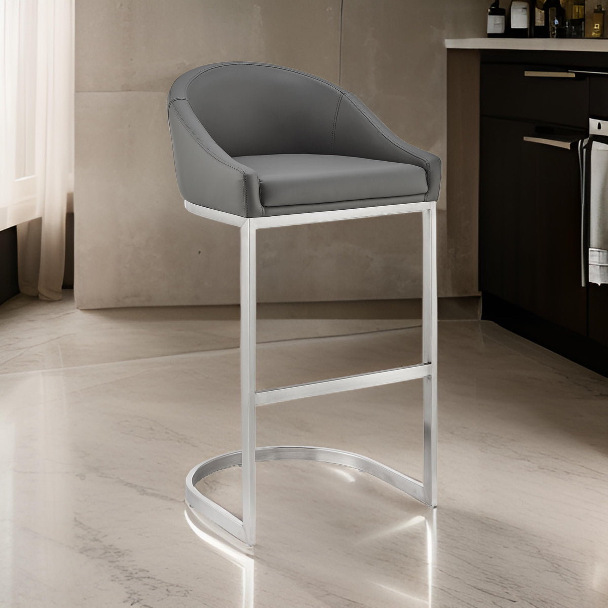 Holo 30 Inch Barstool Chair, L Shaped Cantilever Base, Gray Faux Leather - BM313679