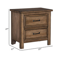 Reva 27 Inch Nightstand, 2 Drawers, Black Metal, Light Brown Solid Wood - BM314217