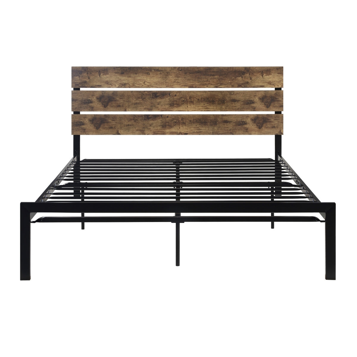 Mars Queen Platform Bed, Brown Faux Wood Slat Headboard, Black Metal Frame - BM314220