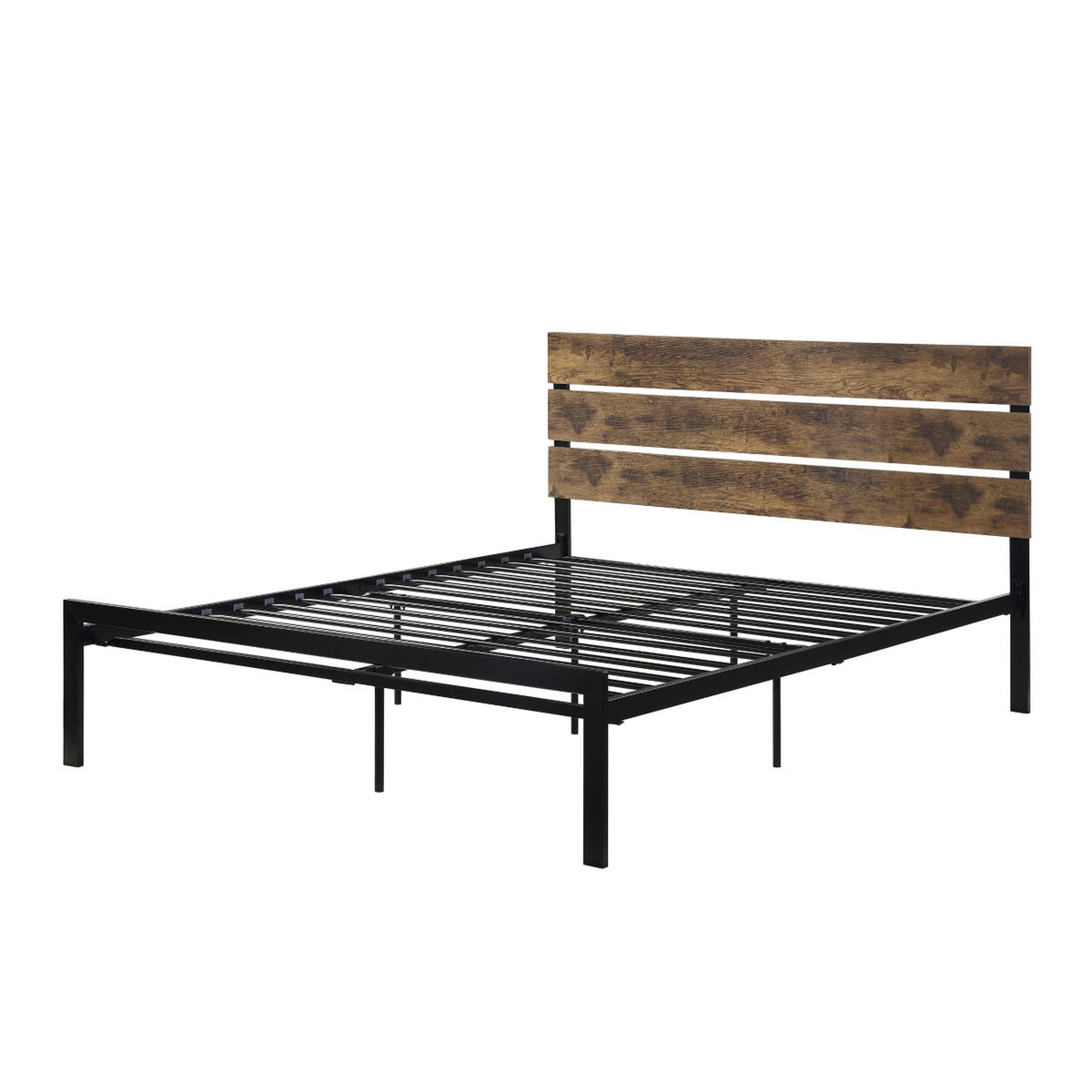 Mars Queen Platform Bed, Brown Faux Wood Slat Headboard, Black Metal Frame - BM314220