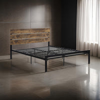 Mars Queen Platform Bed, Brown Faux Wood Slat Headboard, Black Metal Frame - BM314220