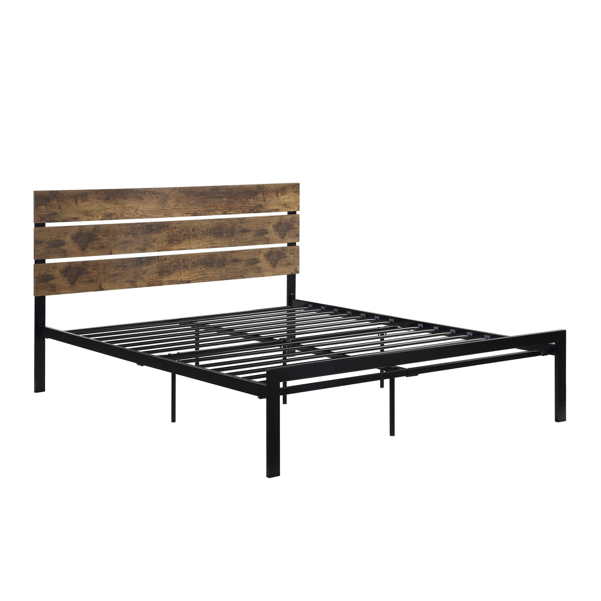 Mars Queen Platform Bed, Brown Faux Wood Slat Headboard, Black Metal Frame - BM314220