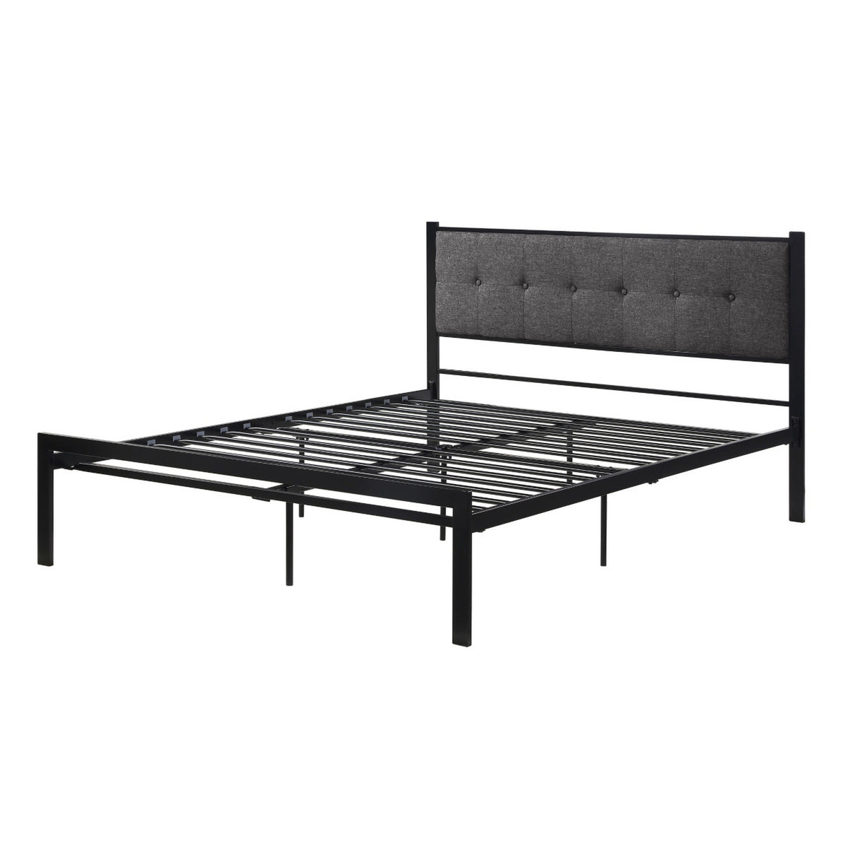 Sam Queen Platform Bed, Polyester Upholstered Tufted Headboard, Black Metal - BM314221