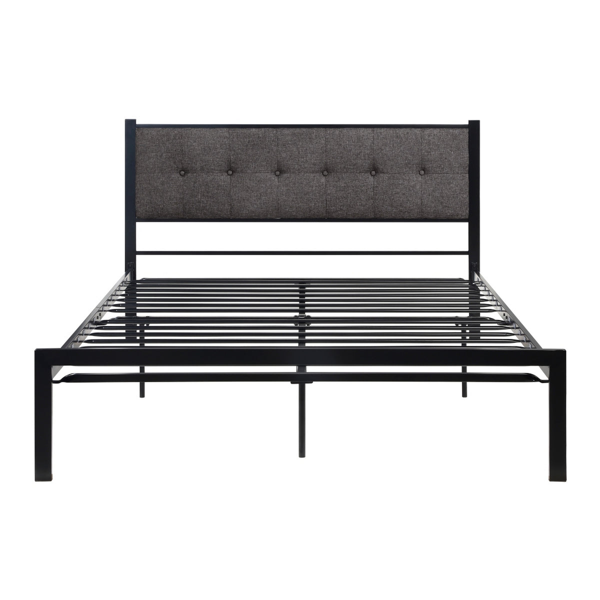 Sam Queen Platform Bed, Polyester Upholstered Tufted Headboard, Black Metal - BM314221