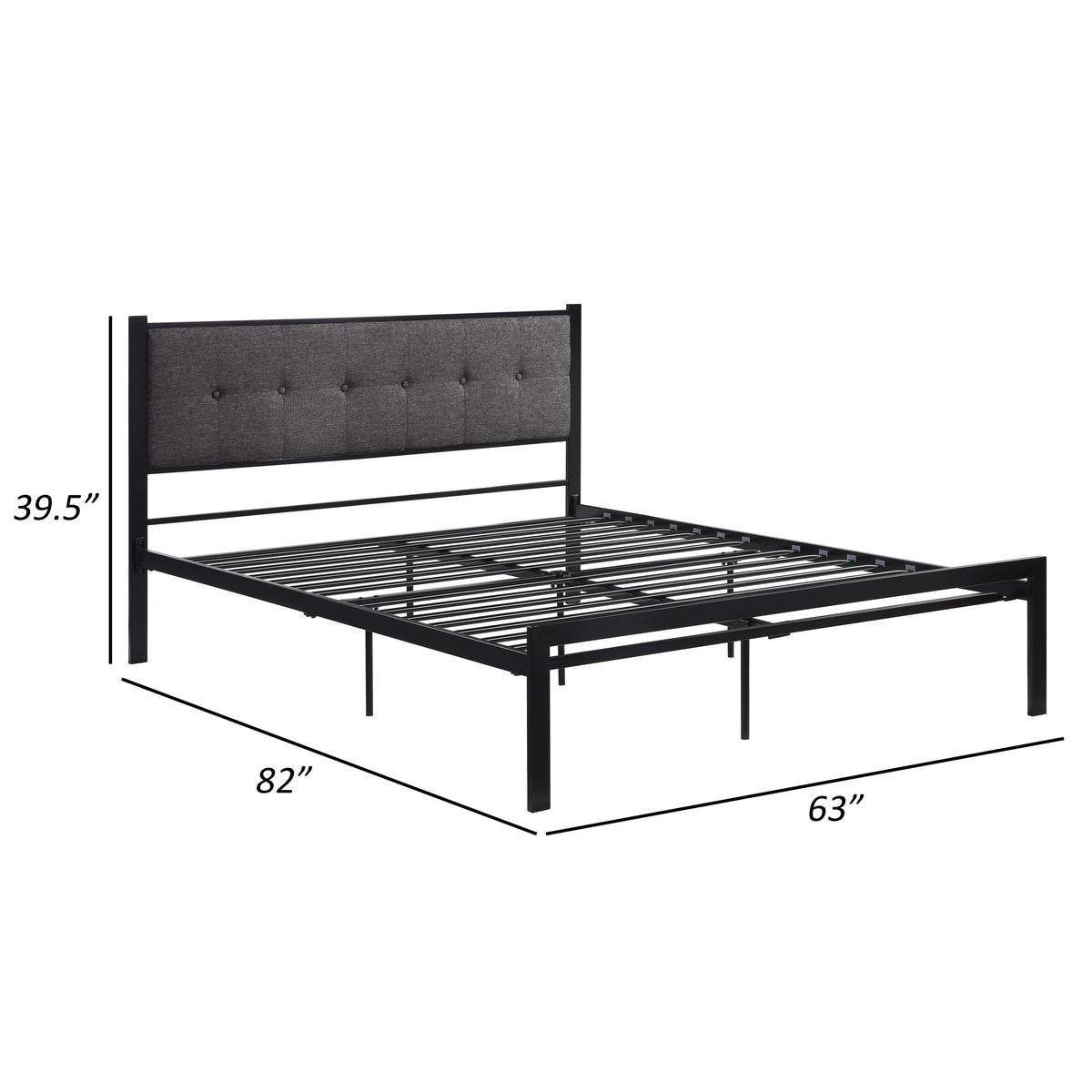 Sam Queen Platform Bed, Polyester Upholstered Tufted Headboard, Black Metal - BM314221