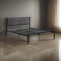 Sam Queen Platform Bed, Polyester Upholstered Tufted Headboard, Black Metal - BM314221