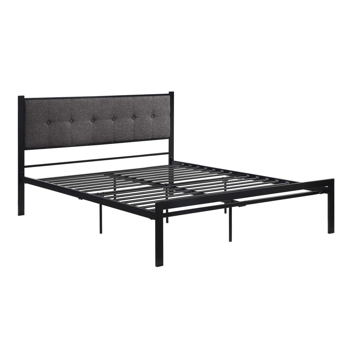 Sam Queen Platform Bed, Polyester Upholstered Tufted Headboard, Black Metal - BM314221