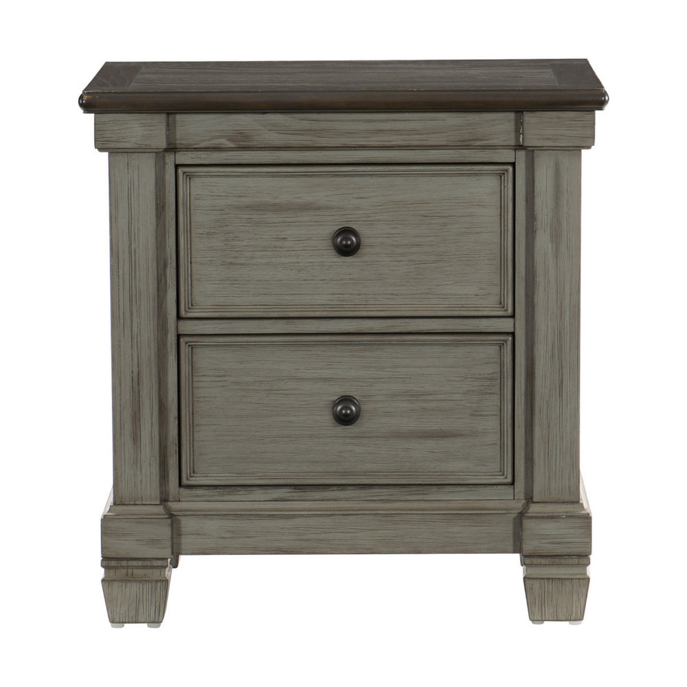 Cadie 29 Inch Nightstand, 2 Drawers, Coffee Brown, Antique Gray Wood - BM314222