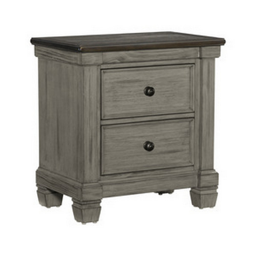 Cadie 29 Inch Nightstand, 2 Drawers, Coffee Brown, Antique Gray Wood - BM314222