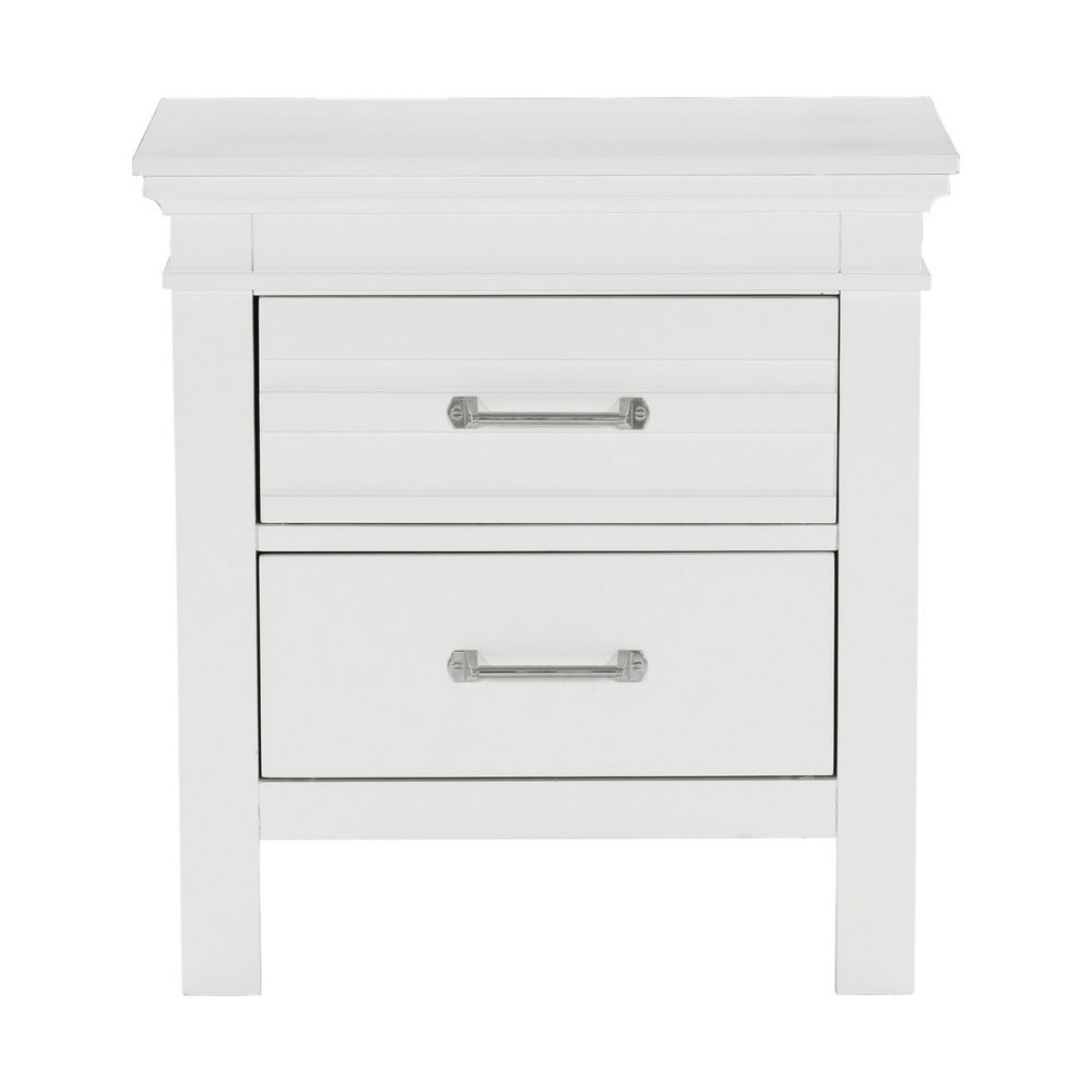 Candy 25 Inch Nightstand, 2 Drawers, Nickel Bar Handles, White Solid Wood - BM314231