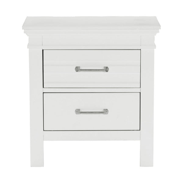 Candy 25 Inch Nightstand, 2 Drawers, Nickel Bar Handles, White Solid Wood - BM314231