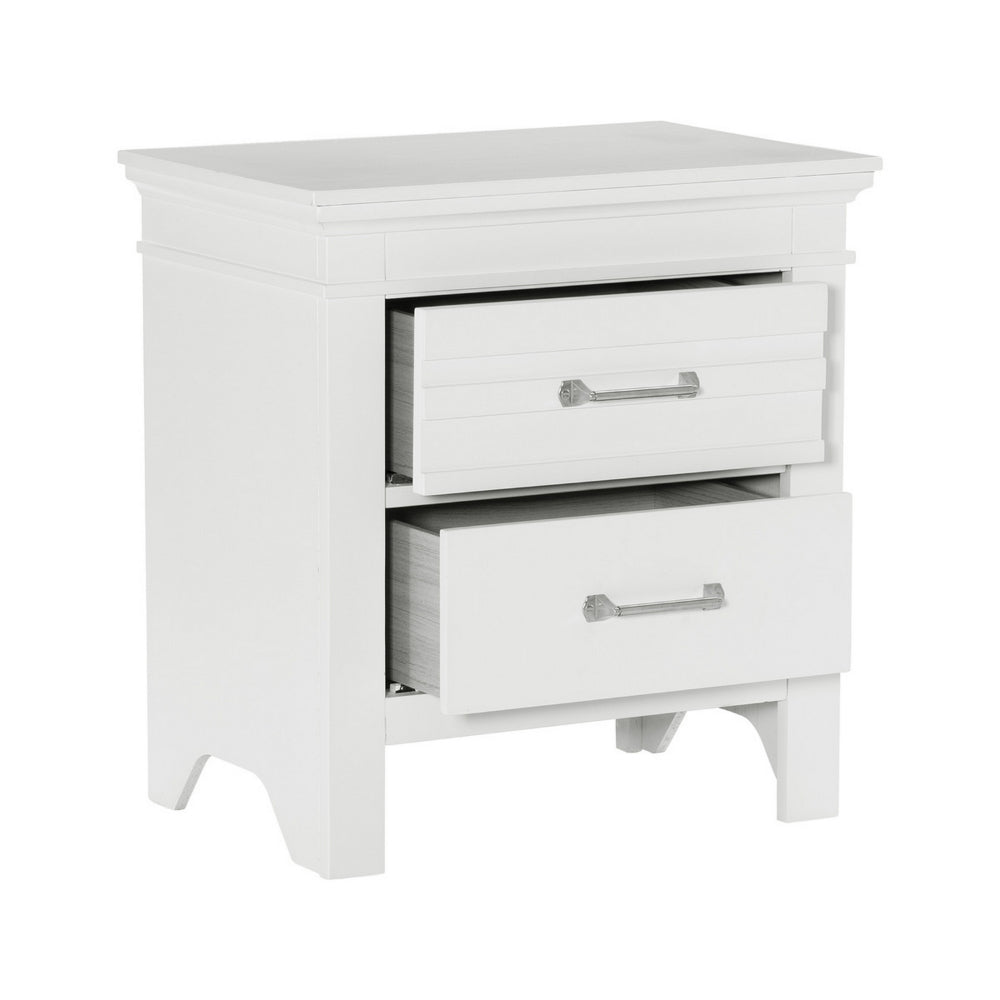 Candy 25 Inch Nightstand, 2 Drawers, Nickel Bar Handles, White Solid Wood - BM314231