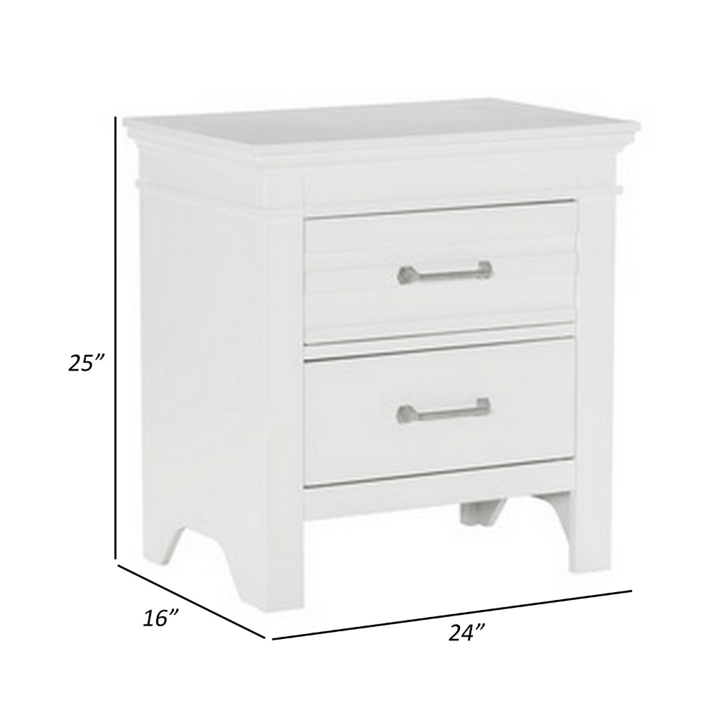 Candy 25 Inch Nightstand, 2 Drawers, Nickel Bar Handles, White Solid Wood - BM314231