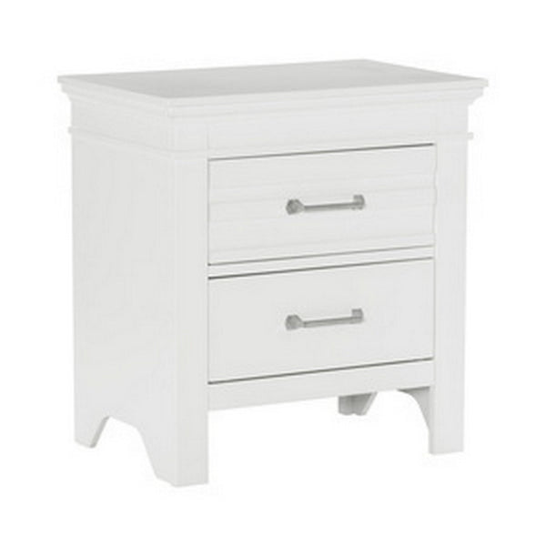 Candy 25 Inch Nightstand, 2 Drawers, Nickel Bar Handles, White Solid Wood - BM314231