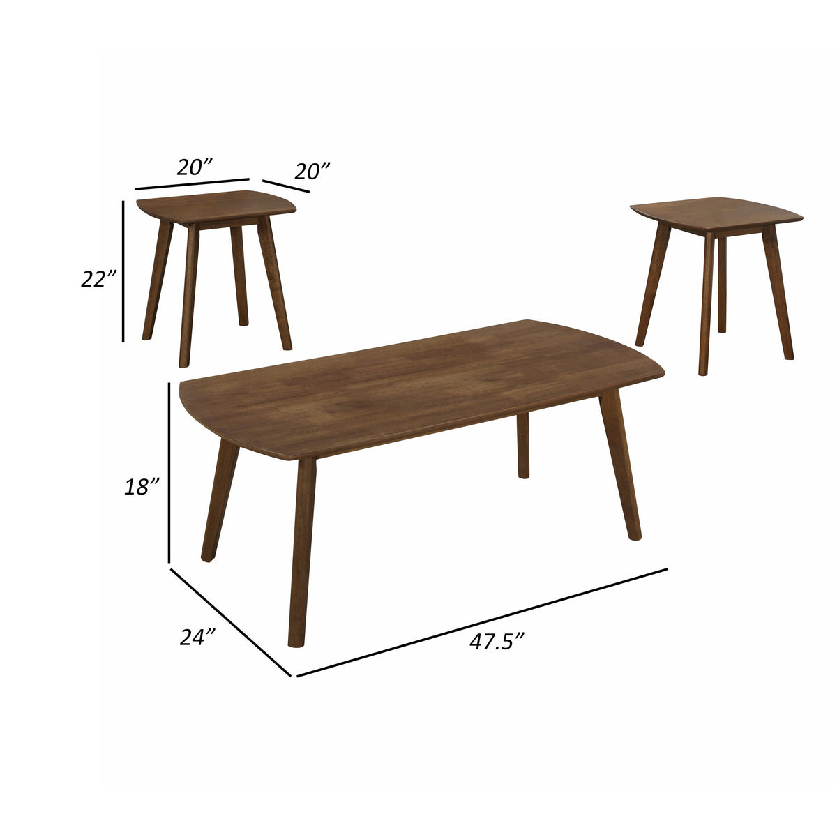 Indy 3 Piece Coffee and End Table Set, Angled Legs, Walnut Brown Solid Wood - BM314264