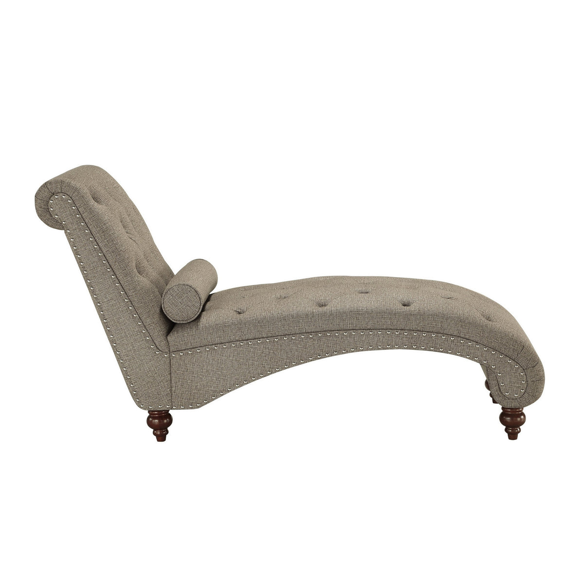 Amey 69 Inch Chaise Lounger, Solid Wood, Rolled Button Tufted Gray Fabric - BM314265