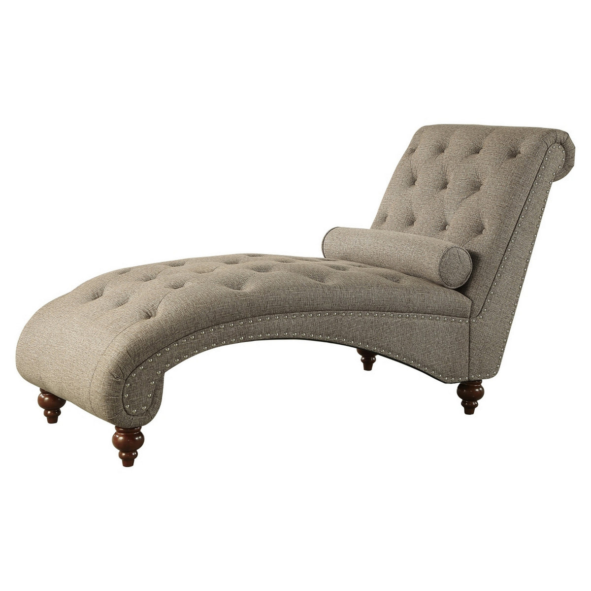 Amey 69 Inch Chaise Lounger, Solid Wood, Rolled Button Tufted Gray Fabric - BM314265