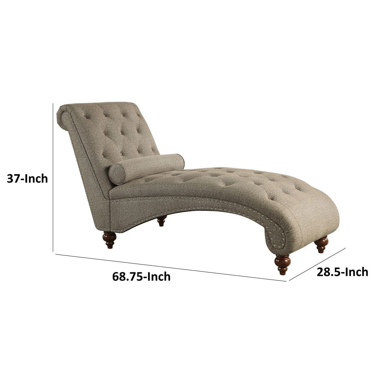 Amey 69 Inch Chaise Lounger, Solid Wood, Rolled Button Tufted Gray Fabric - BM314265