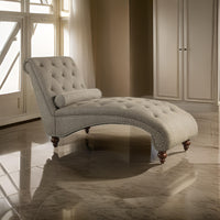 Amey 69 Inch Chaise Lounger, Solid Wood, Rolled Button Tufted Gray Fabric - BM314265