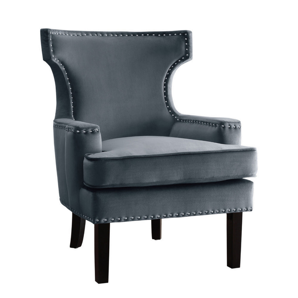 32 Inch Accent Armchair Wingback Design, Gray Velvet, Silver Nailhead Trim - BM314266