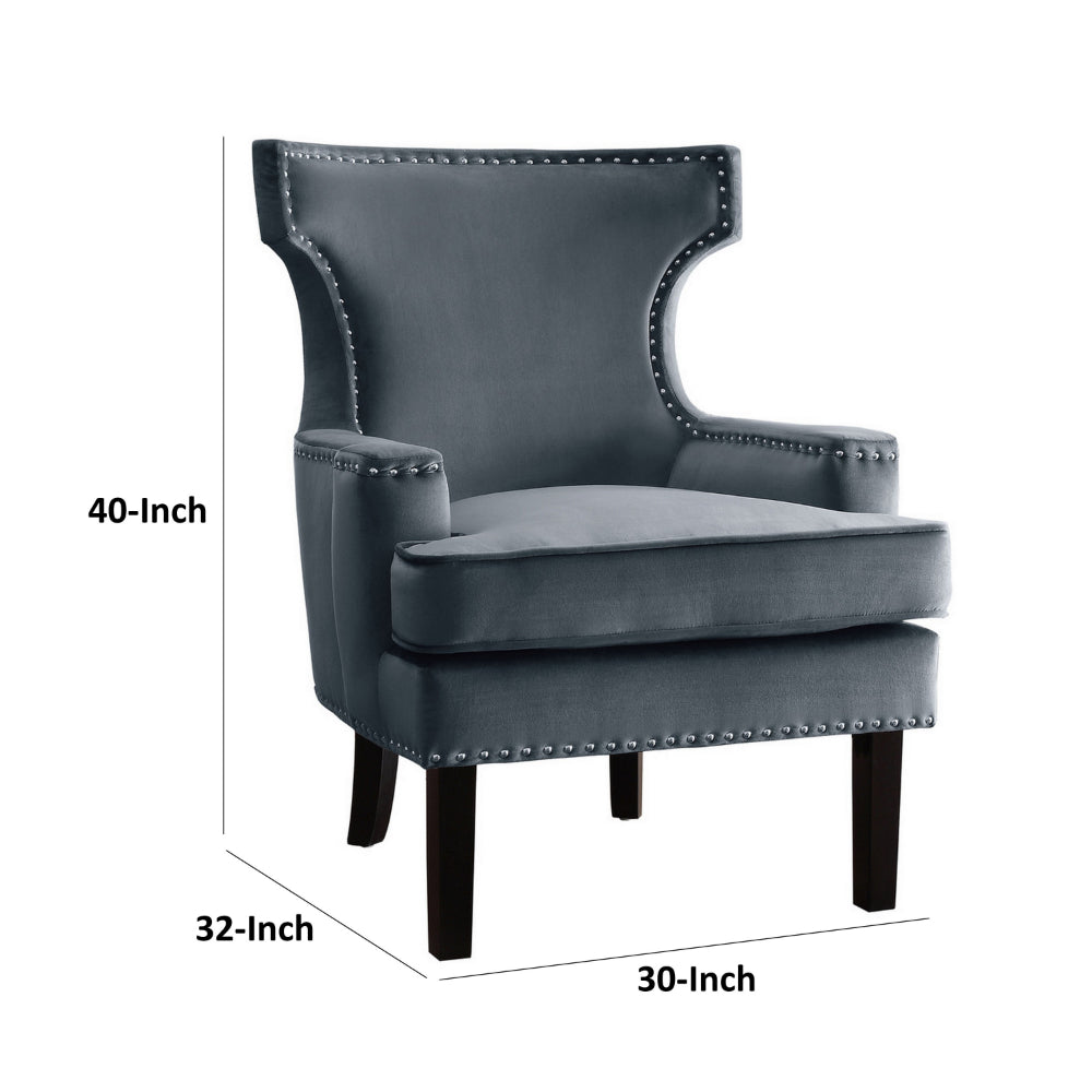 32 Inch Accent Armchair Wingback Design, Gray Velvet, Silver Nailhead Trim - BM314266