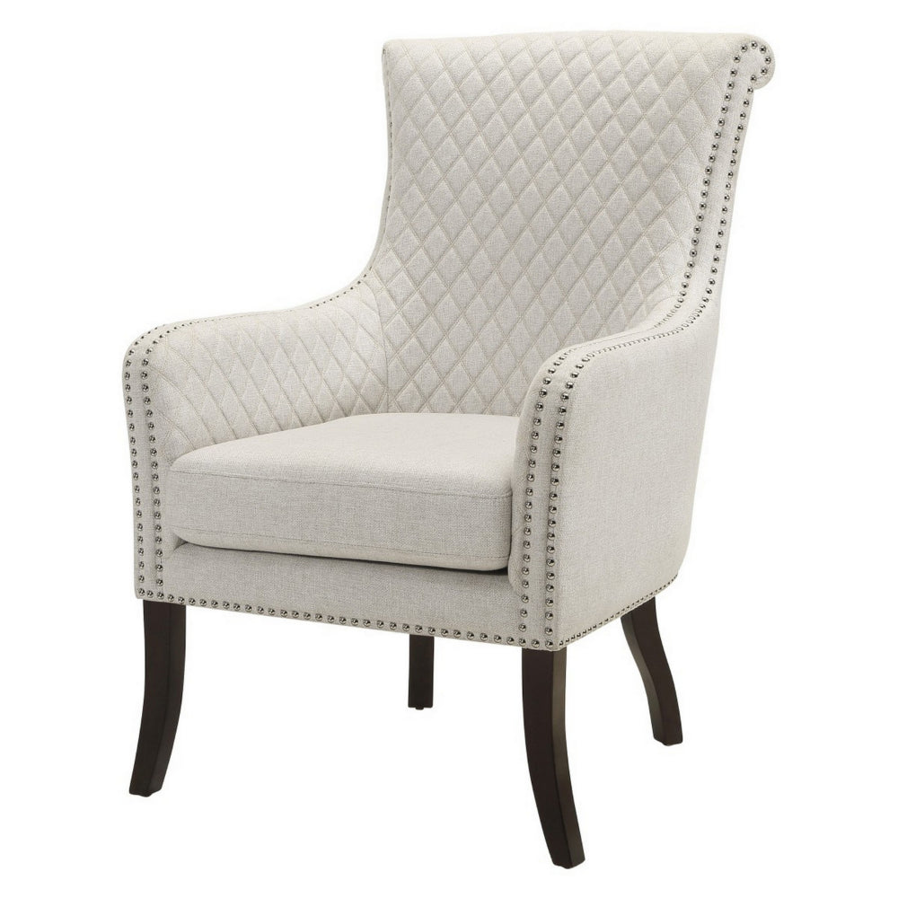 33 Inch Accent Armchair, Diamond Stitched Design, Beige Textured Polyester - BM314267