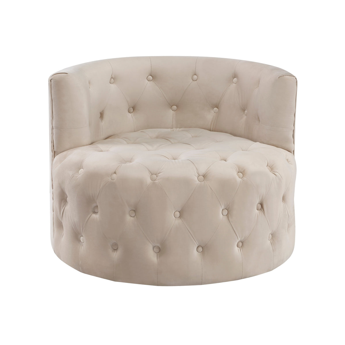 Alix 33 Inch Swivel Accent Chair, Round Design, Button Tufted Beige Velvet - BM314273