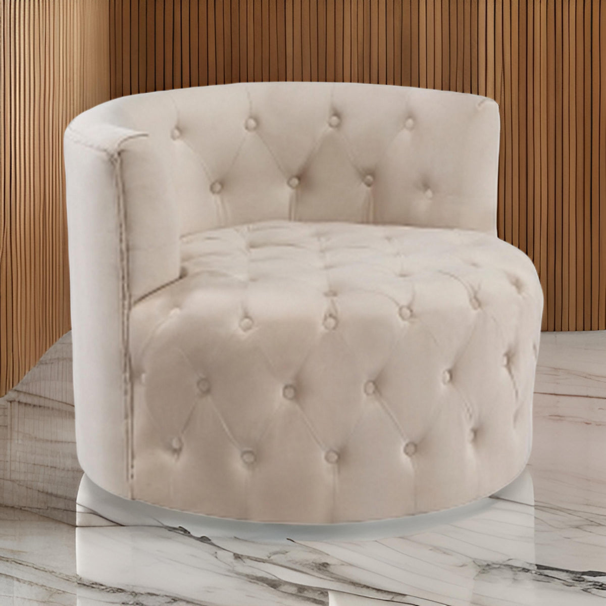 Alix 33 Inch Swivel Accent Chair, Round Design, Button Tufted Beige Velvet - BM314273