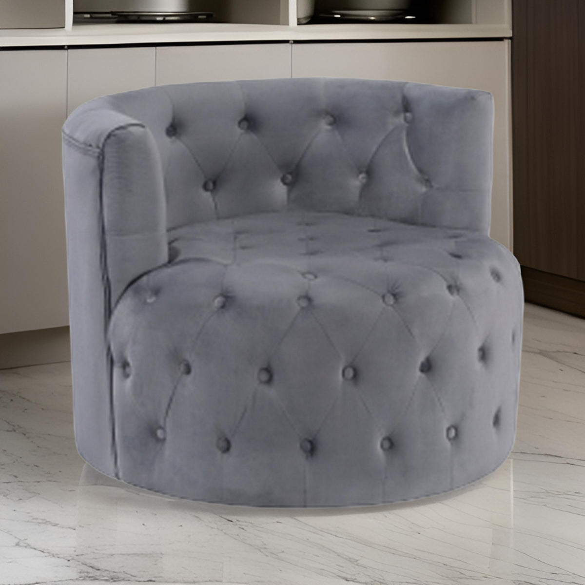 Alix 33 Inch Swivel Accent Chair, Round Design, Button Tufted Gray Velvet - BM314274